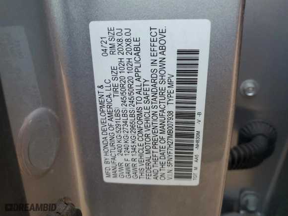 2021 Honda Passport Sport with VIN 5FNYF7H27MB007938, listed as a Copart auction lot 74926504 with 61,562 mi miles and Salvage Title. Bid and sale history available at carsss.com. Image 13.