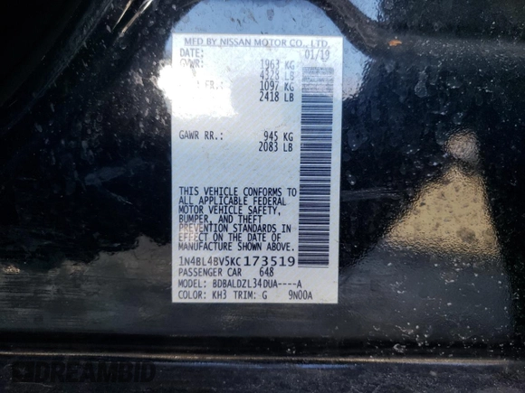 2019 Nissan Altima 2.5 S with VIN 1N4BL4BV5KC173519, listed as a Copart auction lot 45940005 with 86,872 mi miles and Salvage Title. Bid and sale history available at carsss.com. Image 12.