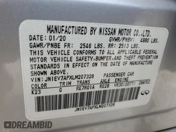 2020 Infiniti Q50 Luxe z VIN JN1EV7APXLM207328, wystawiony jako Copart lot #45850405 z przebiegiem Nie podano mil oraz Nie do naprawy • Non repairable. Historia ofert i sprzedaży dostępna na DreamBid. Obrazek 12.
