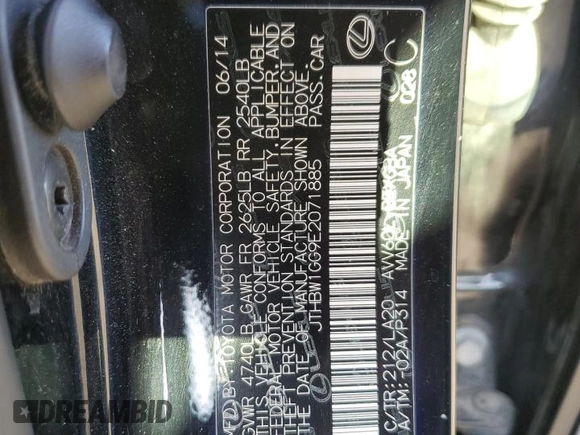 2014 Lexus ES 300h z VIN JTHBW1GG9E2071885, wystawiony jako Copart lot #61654645 z przebiegiem 156 595 mil mil oraz Szkoda całkowita • Salvage title. Historia ofert i sprzedaży dostępna na DreamBid. Obrazek 12.