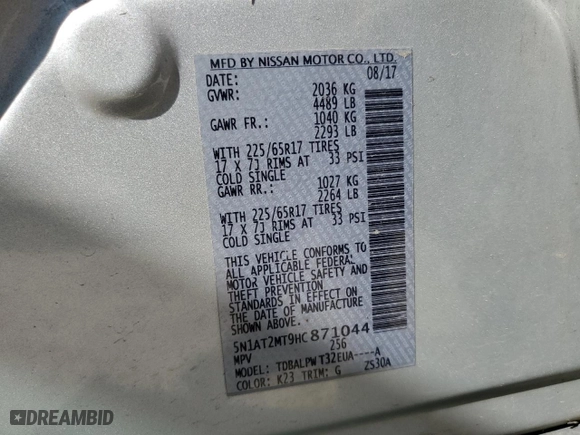 2017 Nissan Rogue S with VIN 5N1AT2MT9HC871044, listed as a Copart auction lot 51805885 with 130,191 mi miles and Salvage Title. Bid and sale history available at carsss.com. Image 12.