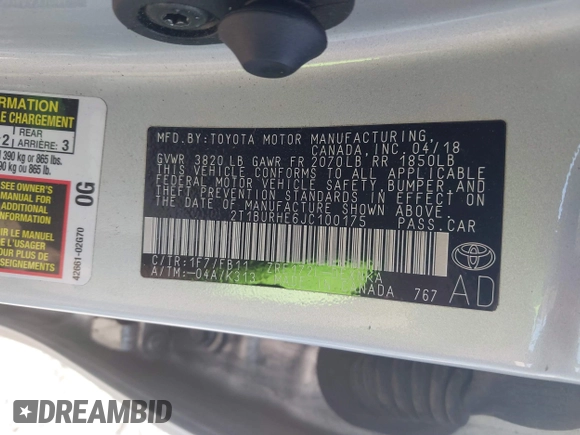2018 Toyota Corolla L with VIN 2T1BURHE6JC100175, listed as a IAAI auction lot 42405737 with 123,183 mi miles and . Bid and sale history available at DreamBid. Image 9.