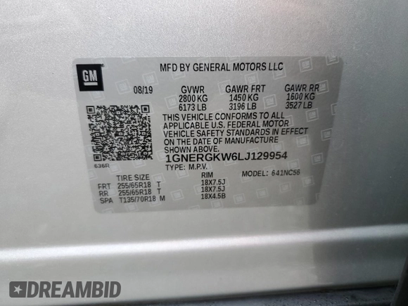 2020 Chevrolet Traverse LT Cloth with VIN 1GNERGKW6LJ129954, listed as a Copart auction lot 76847314 with Not Provided miles and Non Repairable. Bid and sale history available at carsss.com. Image 14.