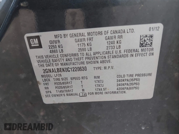 2012 Chevrolet Equinox LS with VIN 2GNALBEK0C1220630, listed as a IAAI auction lot 42112199 with 132,700 mi miles and . Bid and sale history available at DreamBid. Image 9.