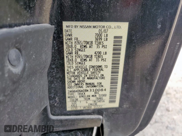 2008 Nissan Titan XE with VIN 1N6BA06A08N310084, listed as a Copart auction lot 58950565 with 208,055 mi miles and Salvage title. Bid and sale history available at DreamBid. Image 13.