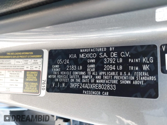 2024 Kia Forte LXS with VIN 3KPF24ADXRE802833, listed as a IAAI auction lot 42059433 with 9,734 mi miles and . Bid and sale history available at DreamBid. Image 9.