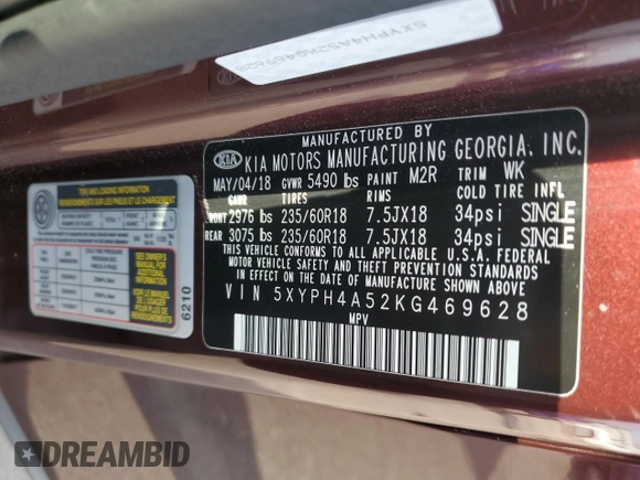 2019 Kia Sorento EX Sport V6 with VIN 5XYPH4A52KG469628, listed as a Copart auction lot 41466235 with 80,848 mi miles and Salvage Title. Bid and sale history available at carsss.com. Image 16.