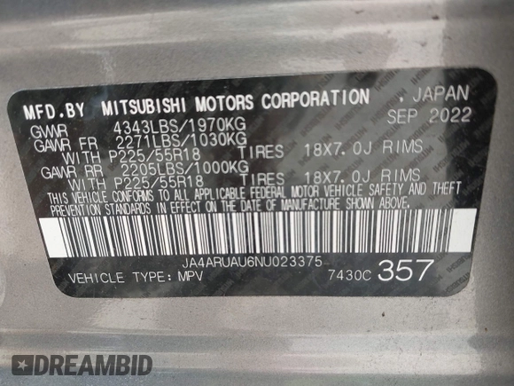 2022 Mitsubishi Outlander ES с VIN JA4ARUAU6NU023375, выставлен на аукционе IAAI как лот 42547104 с пробегом 20 720 миль миль и . История ставок и продаж доступна на DreamBid. Изображение 9.