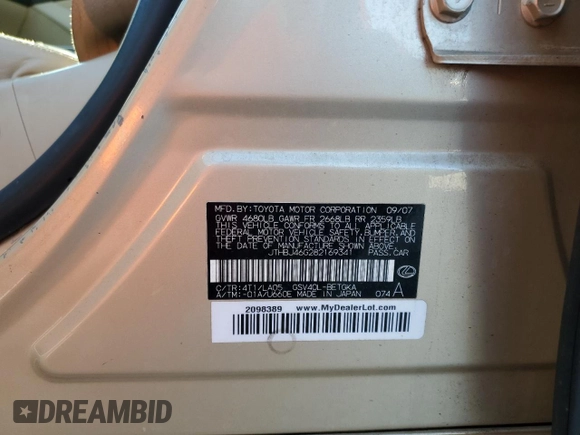 2008 Lexus ES with VIN JTHBJ46G282169341, listed as a Copart auction lot 42262135 with 164,939 mi miles and Salvage Title. Bid and sale history available at carsss.com. Image 12.