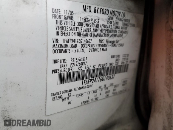 2006 Ford Five Hundred SEL with VIN 1FAFP24176G140637, listed as a Copart auction lot 82354774 with 177,993 mi miles and Salvage Title. Bid and sale history available at carsss.com. Image 12.