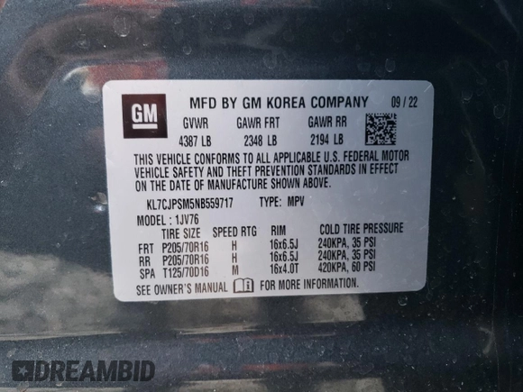2022 Chevrolet Trax LT with VIN KL7CJPSM5NB559717, listed as a Copart auction lot 48938875 with 11,791 mi miles and Salvage Title. Bid and sale history available at carsss.com. Image 13.