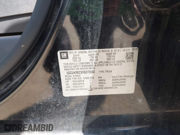 2015 Chevrolet Silverado 1500 LT with VIN 3GCUKRECXFG370962, listed as a IAAI auction lot 42141566 with 92,292 mi miles and . Bid and sale history available at DreamBid. Image 9.