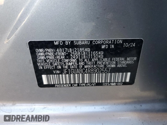 2024 Subaru Impreza with VIN JF1GUABC4R8902557, listed as a Copart auction lot 89189195 with 1,385 mi miles and Salvage Title. Bid and sale history available at carsss.com. Image 14.
