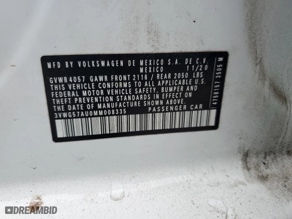 2021 Volkswagen Golf TSI with VIN 3VWG57AU0MM008335, listed as a Copart auction lot 45087325 with 62,899 mi miles and Salvage Title. Bid and sale history available at carsss.com. Image 12.