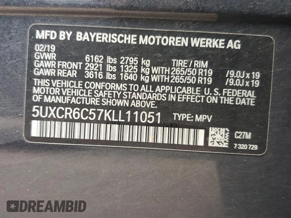 2019 BMW X5 xDrive40i with VIN 5UXCR6C57KLL11051, listed as a Copart auction lot 60268695 with 169,671 mi miles and Salvage title. Bid and sale history available at DreamBid. Image 12.