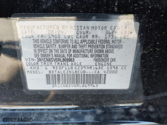 2024 Nissan Versa S with VIN 3N1CN8DV0RL869963, listed as a IAAI auction lot 39738396 with 2,893 mi miles. Bid and sale history available at carsss.com. Image 9.