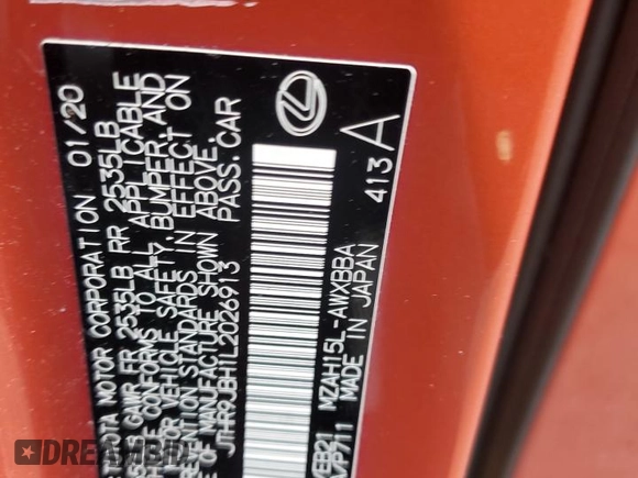 2020 Lexus UX 250h F Sport with VIN JTHR9JBH1L2026913, listed as a Copart auction lot 53477275 with 56,518 mi miles and Salvage title. Bid and sale history available at DreamBid. Image 13.