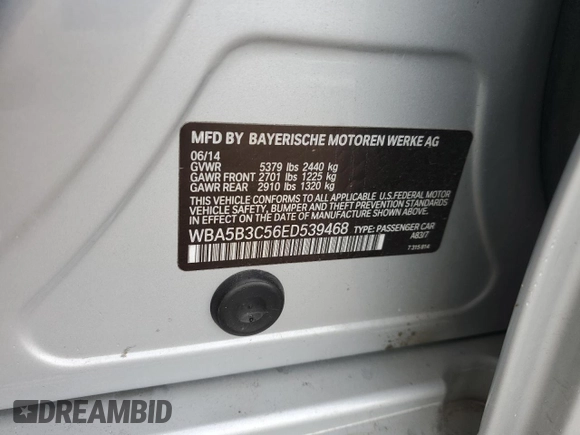 2014 BMW 5 Series 535i xDrive with VIN WBA5B3C56ED539468, listed as a Copart auction lot 64840945 with 101,542 mi miles and Clean title. Bid and sale history available at DreamBid. Image 12.