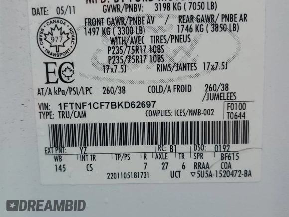 2011 Ford F-150 XL with VIN 1FTNF1CF7BKD62697, listed as a Copart auction lot 51633435 with 148,715 mi miles and Salvage Title. Bid and sale history available at carsss.com. Image 12.