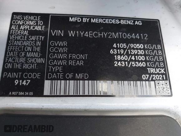 2021 Mercedes-Benz Sprinter Cargo with VIN W1Y4ECHY2MT064412, listed as a IAAI auction lot 41069328 with 88,526 mi miles and . Bid and sale history available at carsss.com. Image 9.