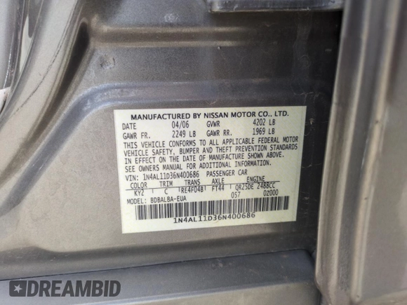 2006 Nissan Altima S with VIN 1N4AL11D36N400686, listed as a Copart auction lot 53151355 with 172,407 mi miles and Non repairable. Bid and sale history available at DreamBid. Image 12.