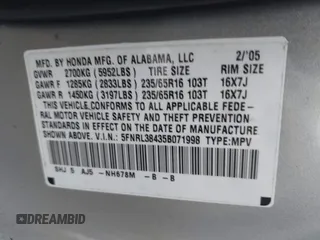 2005 Honda Odyssey EX with VIN 5FNRL38435B071998, listed as a IAAI auction lot 41808601 with 999,999 mi miles. Bid and sale history available at carsss.com. Image 9.