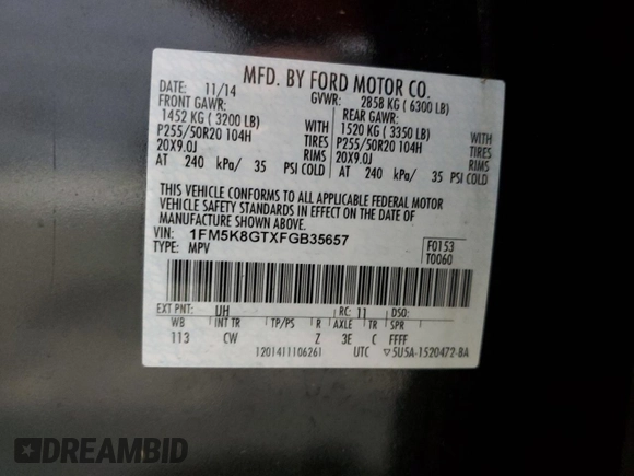 2015 Ford Explorer Sport с VIN 1FM5K8GTXFGB35657, выставлен на аукционе Copart как лот 58374375 с пробегом 90 080 миль миль и Списание • Salvage title. История ставок и продаж доступна на DreamBid. Изображение 14.