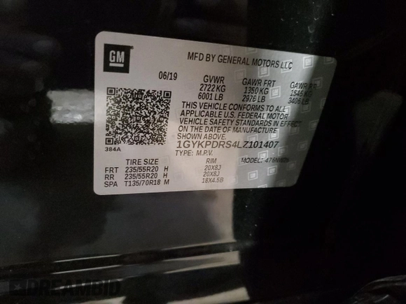 2020 Cadillac XT6 AWD Premium Luxury with VIN 1GYKPDRS4LZ101407, listed as a Copart auction lot 43554815 with 41,263 mi miles and Salvage title. Bid and sale history available at DreamBid. Image 14.