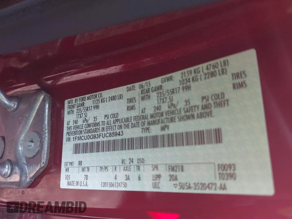 2015 Ford Escape SE with VIN 1FMCU0G93FUC85943, listed as a IAAI auction lot 42235486 with 93,134 mi miles and . Bid and sale history available at DreamBid. Image 9.
