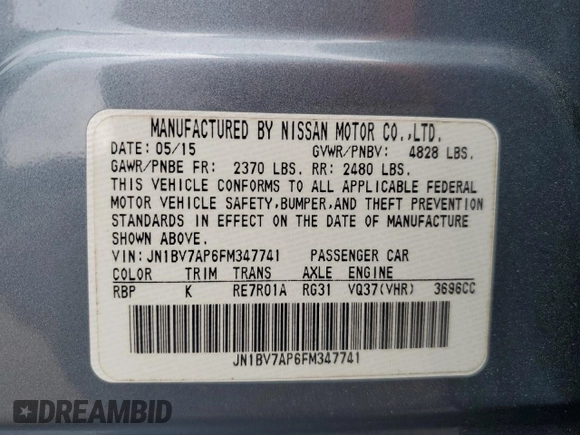 2015 Infiniti Q50 with VIN JN1BV7AP6FM347741, listed as a Copart auction lot 54668405 with 84,788 mi miles and Salvage title. Bid and sale history available at DreamBid. Image 12.