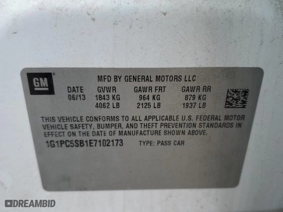 2014 Chevrolet Cruze 1LT with VIN 1G1PC5SB1E7102173, listed as a Copart auction lot 50995925 with 106,986 mi miles and Salvage Title. Bid and sale history available at carsss.com. Image 12.