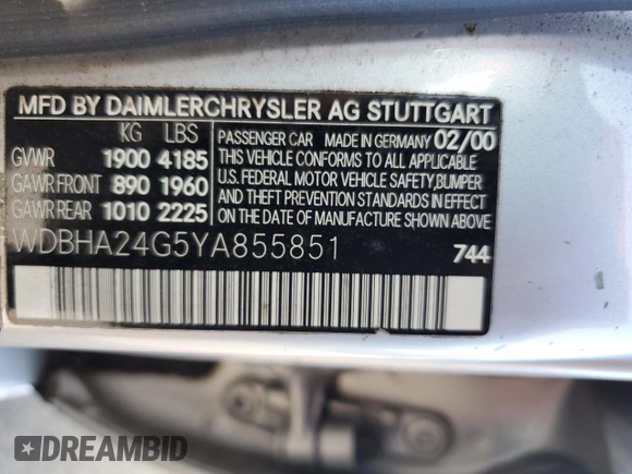 2000 Mercedes-Benz C 230 Kompressor with VIN WDBHA24G5YA855851, listed as a Copart auction lot 59222905 with Not provided miles and Salvage title. Bid and sale history available at DreamBid. Image 12.
