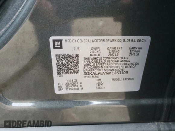 2021 GMC Terrain SLT with VIN 3GKALVEV6ML353109, listed as a Copart auction lot 53830105 with 30,187 mi miles and Salvage title. Bid and sale history available at DreamBid. Image 13.