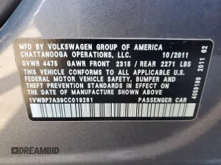 2012 Volkswagen Passat SE with VIN 1VWBP7A39CC019281, listed as a Copart auction lot 57724955 with Not provided miles and Salvage title. Bid and sale history available at DreamBid. Image 12.