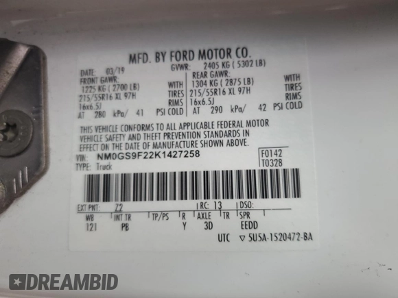 2019 Ford Transit Connect XLT with VIN NM0GS9F22K1427258, listed as a Copart auction lot 63234484 with 96,439 mi miles and Salvage title. Bid and sale history available at DreamBid. Image 15.