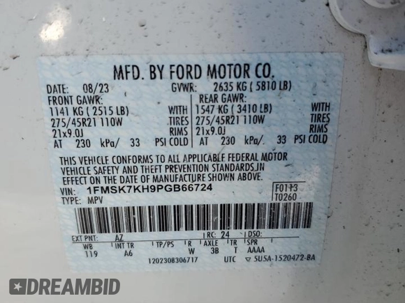 2023 Ford Explorer ST-Line with VIN 1FMSK7KH9PGB66724, listed as a Copart auction lot 88628685 with 0 mi miles and Non Repairable. Bid and sale history available at carsss.com. Image 13.