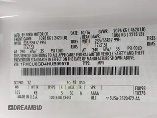 2017 Ford Escape SE with VIN 1FMCU0GD4HUB99578, listed as a IAAI auction lot 41782208 with 154,835 mi miles. Bid and sale history available at carsss.com. Image 9.