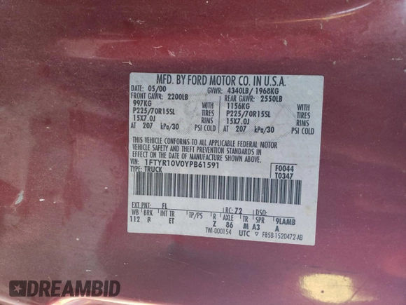 2000 Ford Ranger XL with VIN 1FTYR10V0YPB61591, listed as a Copart auction lot 88087815 with 151,529 mi miles and Salvage Title. Bid and sale history available at carsss.com. Image 12.