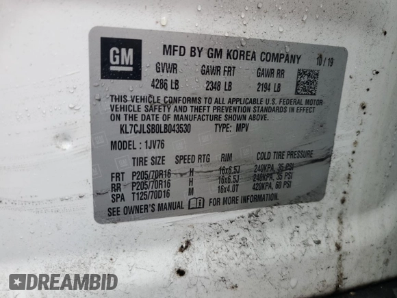 2020 Chevrolet Trax LT with VIN KL7CJLSB0LB043530, listed as a Copart auction lot 61128735 with 71,283 mi miles and Salvage title. Bid and sale history available at DreamBid. Image 13.