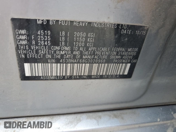 2016 Subaru Legacy Premium with VIN 4S3BNAF68G3020968, listed as a Copart auction lot 59318705 with 183,192 mi miles and Salvage title. Bid and sale history available at DreamBid. Image 13.