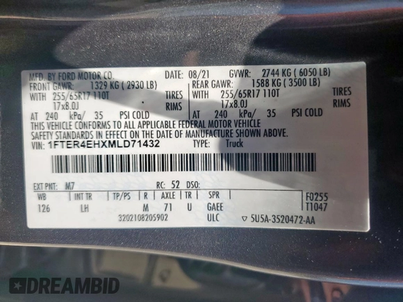 2021 Ford Ranger XL z VIN 1FTER4EHXMLD71432, wystawiony jako Copart lot #59024975 z przebiegiem 38 332 mil mil oraz Szkoda całkowita • Salvage title. Historia ofert i sprzedaży dostępna na DreamBid. Obrazek 12.