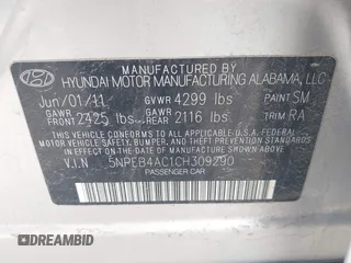 2012 Hyundai Sonata GLS with VIN 5NPEB4AC1CH309290, listed as a IAAI auction lot 41854534 with 178,919 mi miles. Bid and sale history available at carsss.com. Image 9.