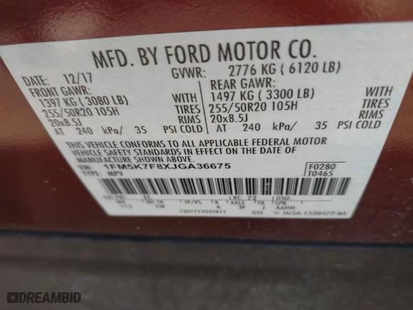 2018 Ford Explorer Limited with VIN 1FM5K7F8XJGA36675, listed as a IAAI auction lot 41537931 with 87,945 mi miles. Bid and sale history available at carsss.com. Image 9.