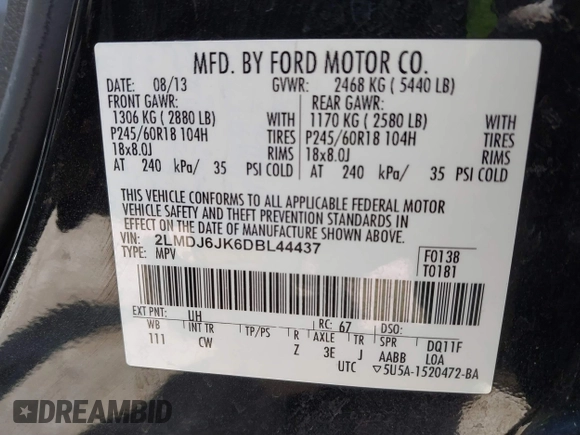 2013 Lincoln MKX z VIN 2LMDJ6JK6DBL44437, wystawiony jako IAAI lot #41867123 z przebiegiem 89 386 mil mil oraz . Historia ofert i sprzedaży dostępna na DreamBid. Obrazek 9.