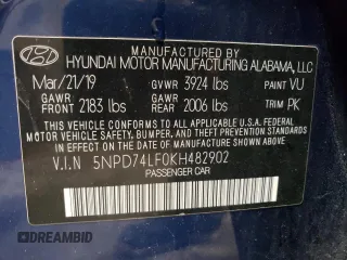 2019 Hyundai Elantra SE with VIN 5NPD74LF0KH482902, listed as a Copart auction lot 54088415 with 63,592 mi miles and Clean Title. Bid and sale history available at DreamBid. Image 12.