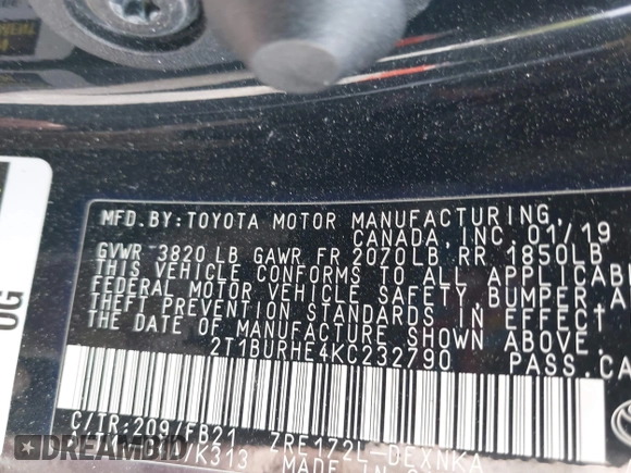 2019 Toyota Corolla L z VIN 2T1BURHE4KC232790, wystawiony jako IAAI lot #42279552 z przebiegiem 86 662 mil mil oraz . Historia ofert i sprzedaży dostępna na DreamBid. Obrazek 9.