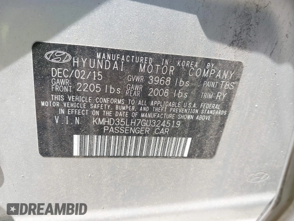 2016 Hyundai Elantra with VIN KMHD35LH7GU324519, listed as a IAAI auction lot 42633727 with 95,895 mi miles and . Bid and sale history available at DreamBid. Image 9.