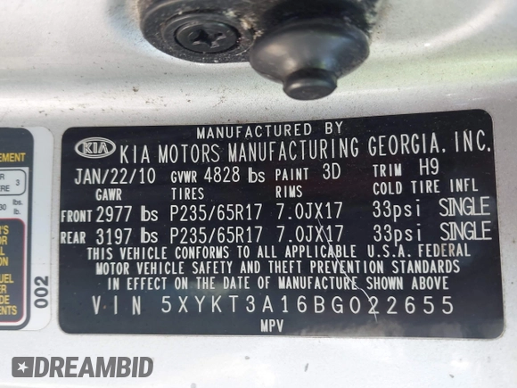 2011 Kia Sorento LX with VIN 5XYKT3A16BG022655, listed as a IAAI auction lot 42053276 with 140,270 mi miles and . Bid and sale history available at DreamBid. Image 9.