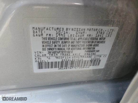 2014 Nissan Sentra SR with VIN 3N1AB7AP7EY318412, listed as a Copart auction lot 51339315 with 126,920 mi miles and Salvage Title. Bid and sale history available at carsss.com. Image 14.