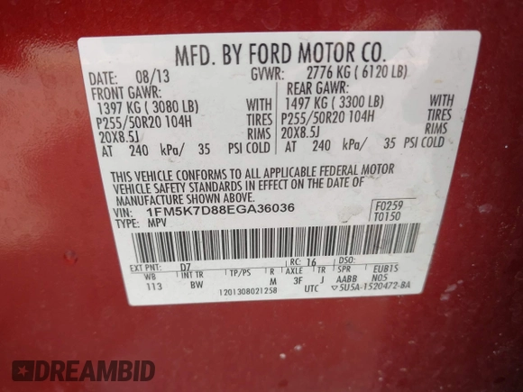 2014 Ford Explorer XLT z VIN 1FM5K7D88EGA36036, wystawiony jako IAAI lot #42101756 z przebiegiem 166 020 mil mil oraz . Historia ofert i sprzedaży dostępna na DreamBid. Obrazek 9.